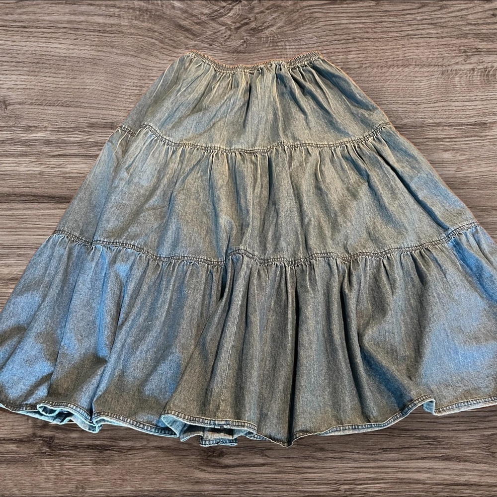 Susan Bristol Casuals Tiered Denim Maxi Skirt Size Small Vintage Cottagecore